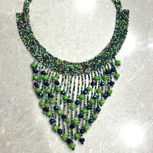 Vibrant Beaded Necklace with Green and Blue Accents